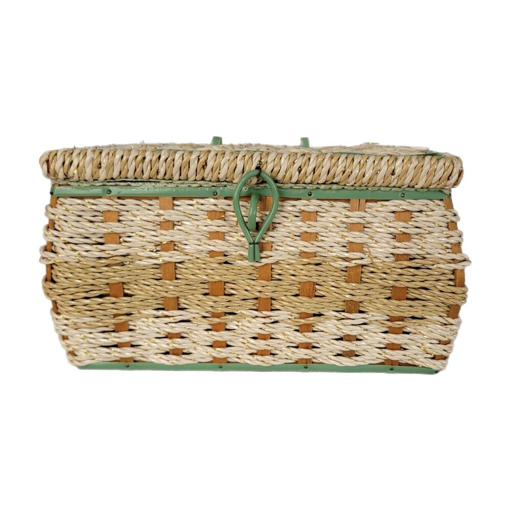Vintage Sewing Basket with Green Accents Made in Japan No Top Handle